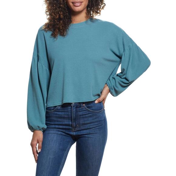 Weatherproof Vintage Pullover Top Waffle Knit Crew Neck Bishop Sleeve Green NWT - Picture 1 of 10